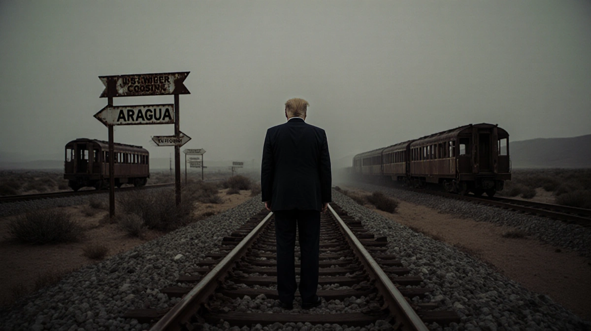 Lone figure stands at border crossing with rusted train tracks and Tren de Aragua signs visible through desert fog