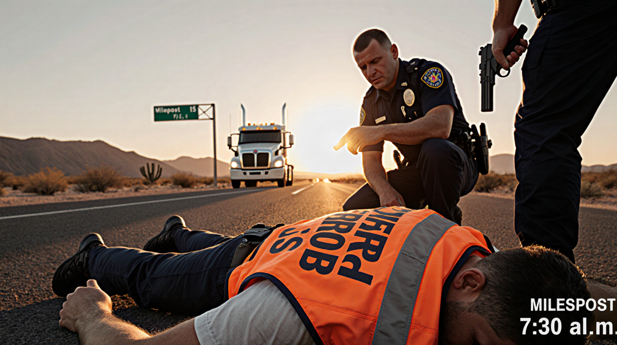 Person lying on ground with orange Border Patrol vest and police officer kneeling beside with gun at dawn over West Arivaca.