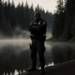 Border Patrol agent stands at misty Oregon lake with arms crossed and highway visible through trees