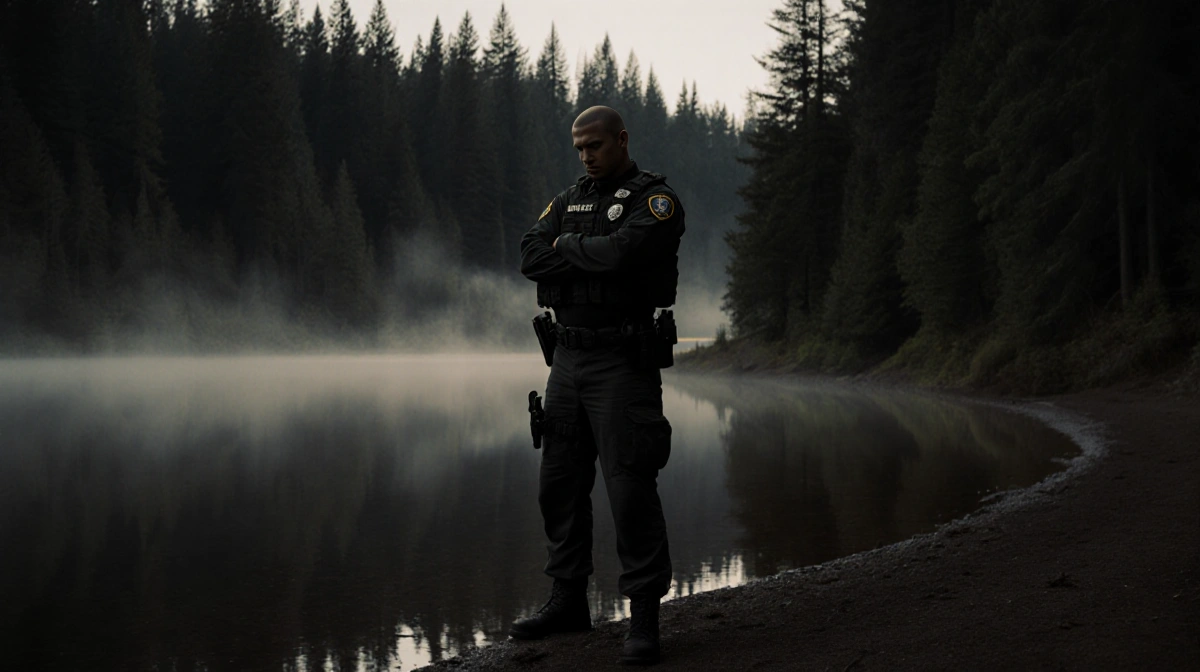 Border Patrol agent stands at misty Oregon lake with arms crossed and highway visible through trees