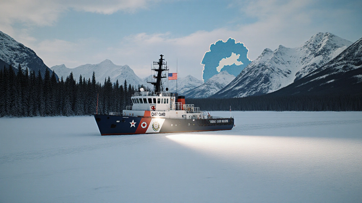Coast Guard cutter patrols northern waters with spotlight sweeping frozen tundra and American flag waving above Greenland lan