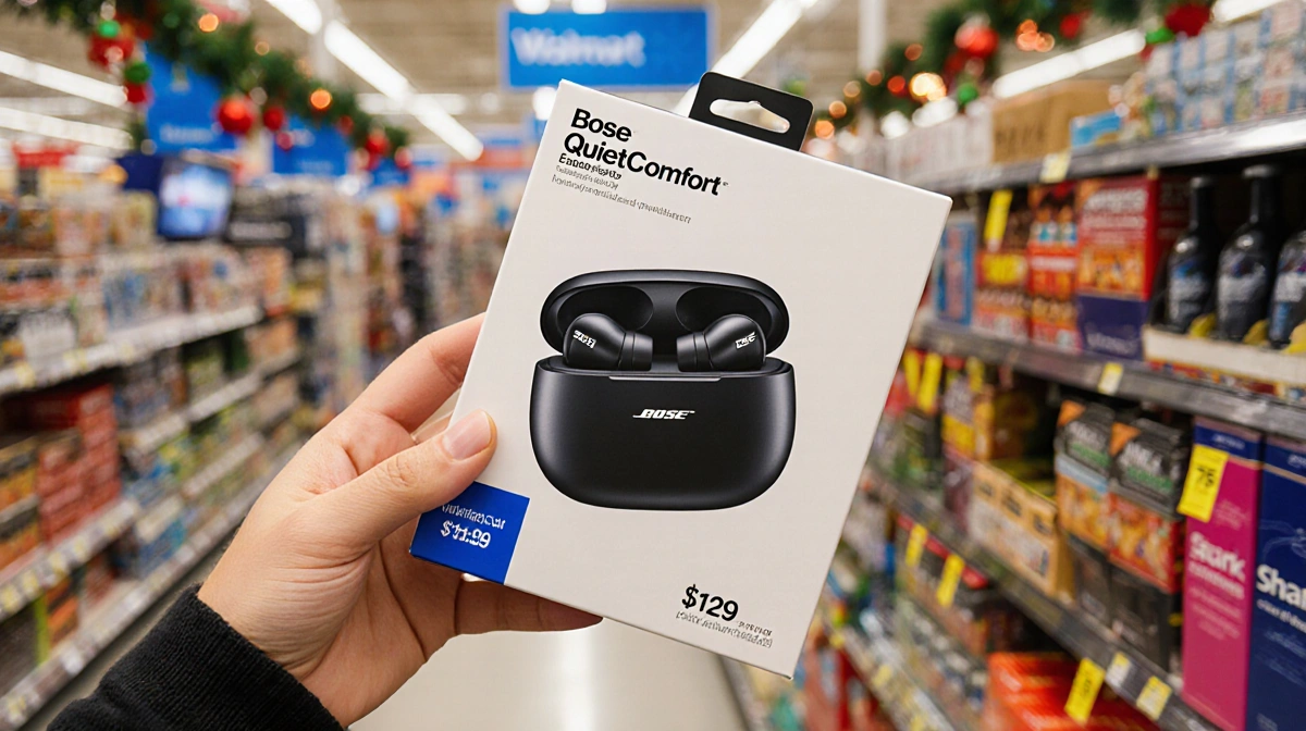 Shopper holding up Bose QuietComfort Earbuds box with $129 price tag discount and 75-inch TV and Shark vacuum in background