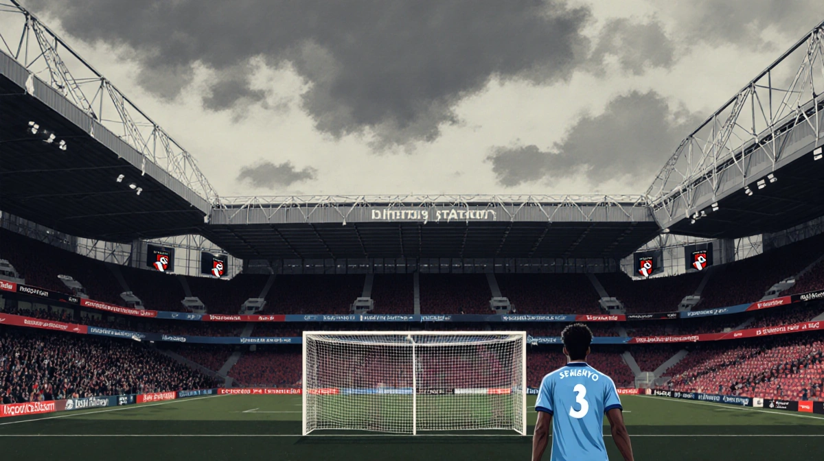 Empty seats at Bournemouth's Vitality Stadium with blue jerseys and a Semenyo shadow near the penalty spot under gray sky.