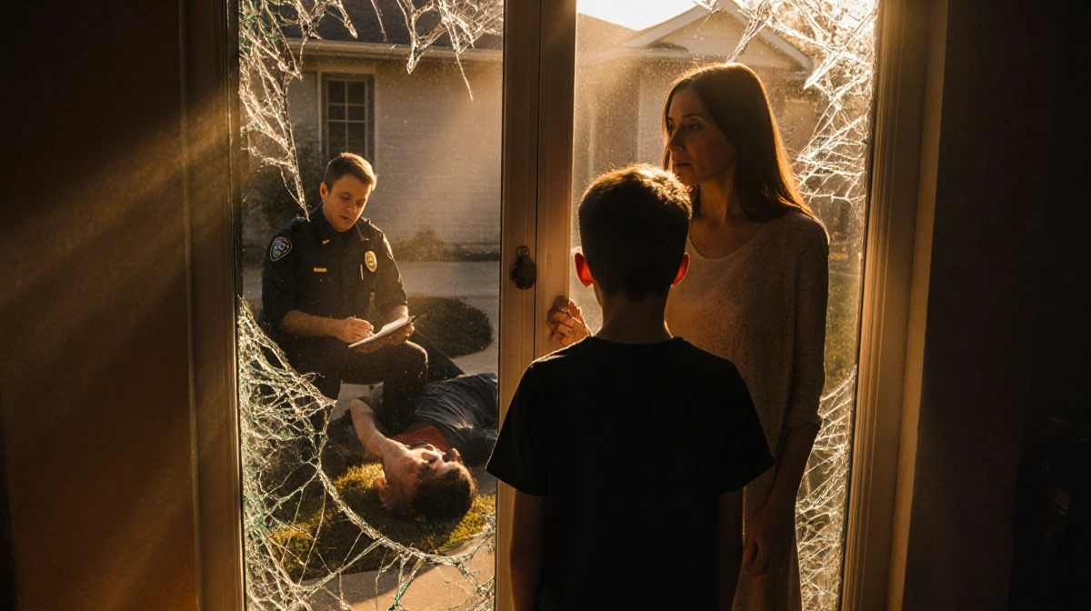 Teenager stands before shattered window with father