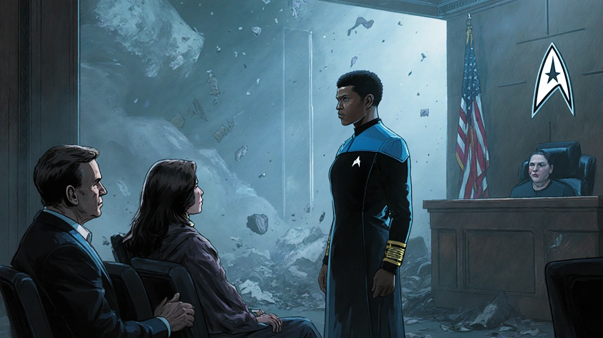 Braka stands before judge with Ake and Caleb's mother watching and Starfleet Academy crest behind torn debris