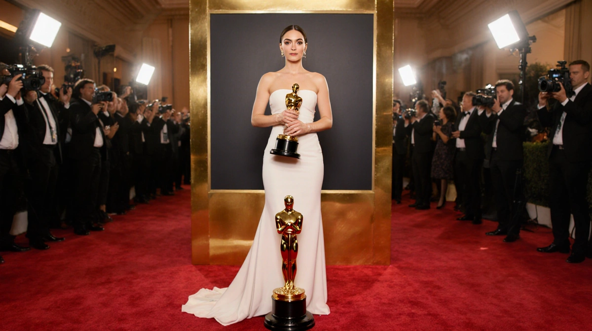Brazilian actress holding Golden Globe trophy with cheering crowds and camera flashes behind her
