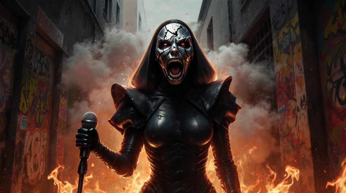 The Bride screaming into microphone with cracked faceplate and flames swirling around her in dark alley