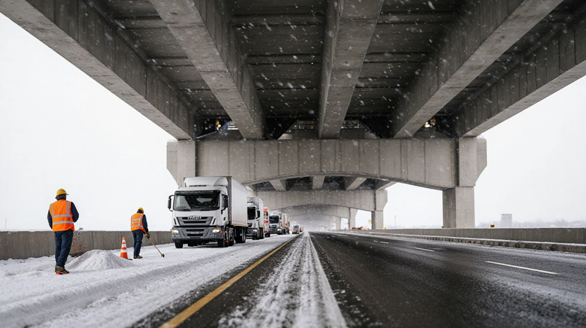 TxDOT crews inspect bridge underside with orange vests and trucks preparing de-icing materials