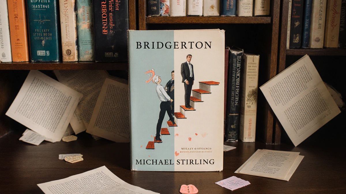 Bookshelf showing split personality with romance novels on one side and queer literature on the other with Bridgerton book on