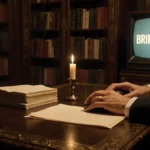 Showrunner reviewing notes at ornate desk with flickering candle on letter and Bridgerton title card on vintage TV