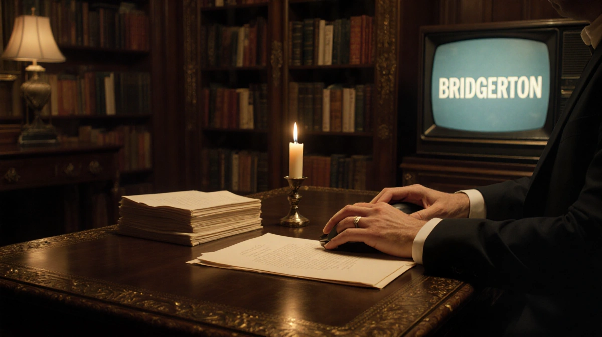 Showrunner reviewing notes at ornate desk with flickering candle on letter and Bridgerton title card on vintage TV