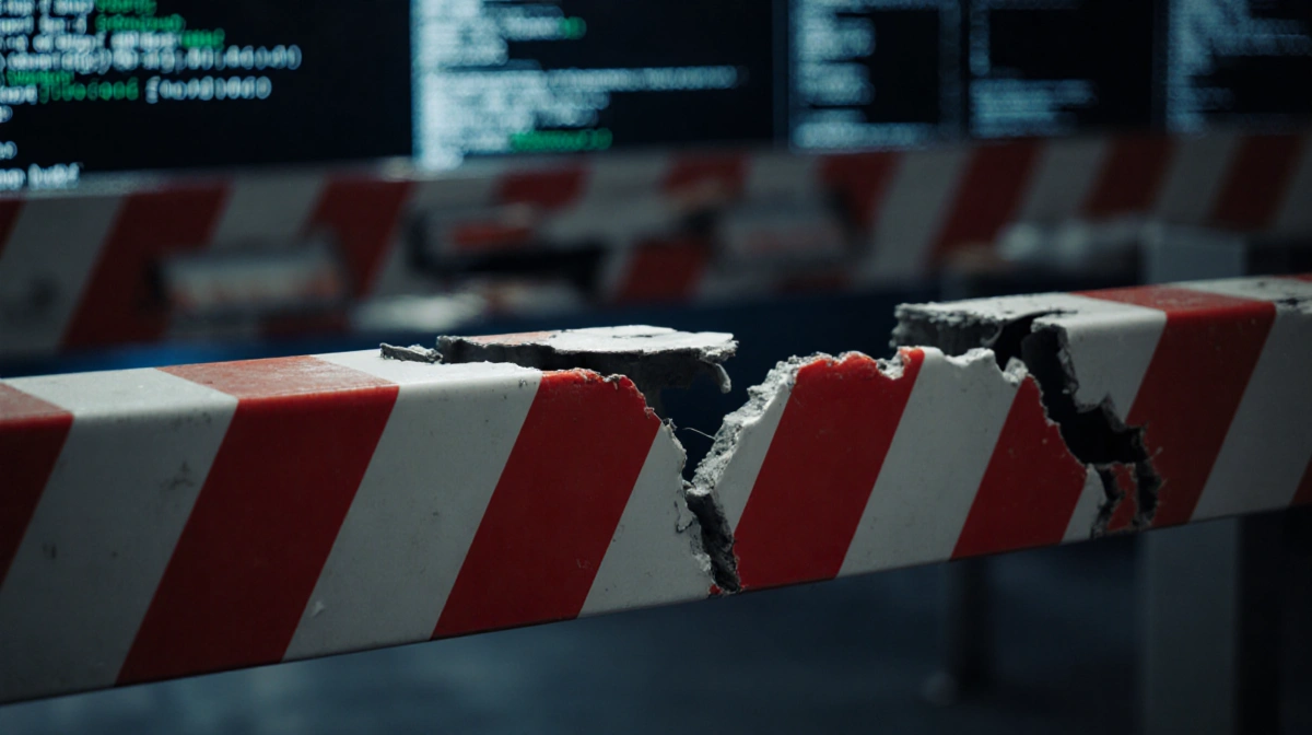 Broken security guardrail with red warning lines and distorted sections showing AI deepfake vulnerability with digital code i