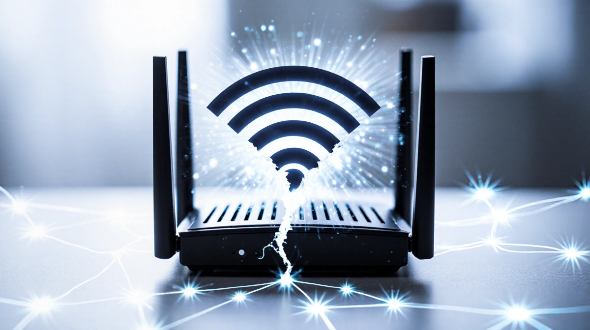 Wi-Fi router showing broken connection with fraying signal and fading network lines