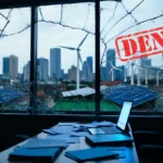 Government office shows shattered window with renewable energy turbines visible through broken glass and denied stamp on pape