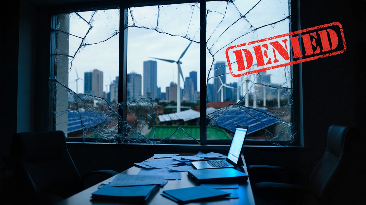 Government office shows shattered window with renewable energy turbines visible through broken glass and denied stamp on pape