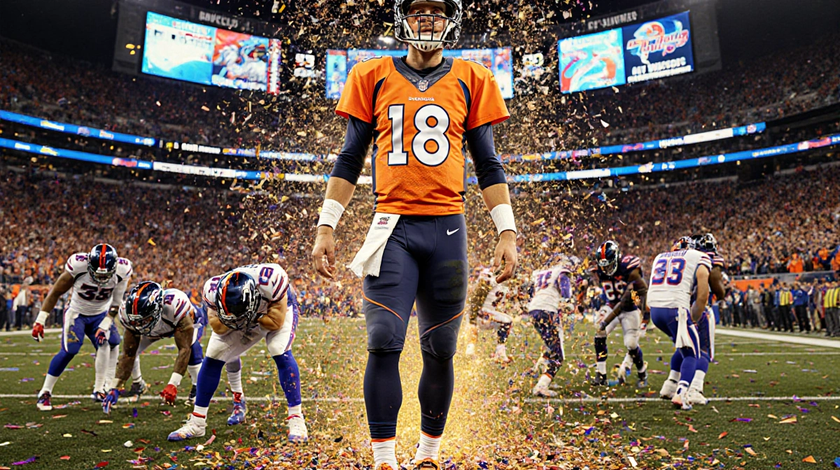 Russell Wilson celebrates in the end zone with confetti falling and Bills players defeated behind him