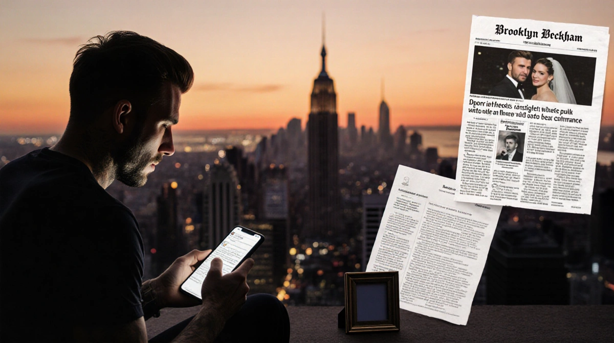 Brooklyn Beckham holding his phone with Instagram glow and a press release to his right and a wedding frame in foreground.