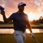 Brooks Koepka raising his PGA Tour card with golf club and sunset sky behind him