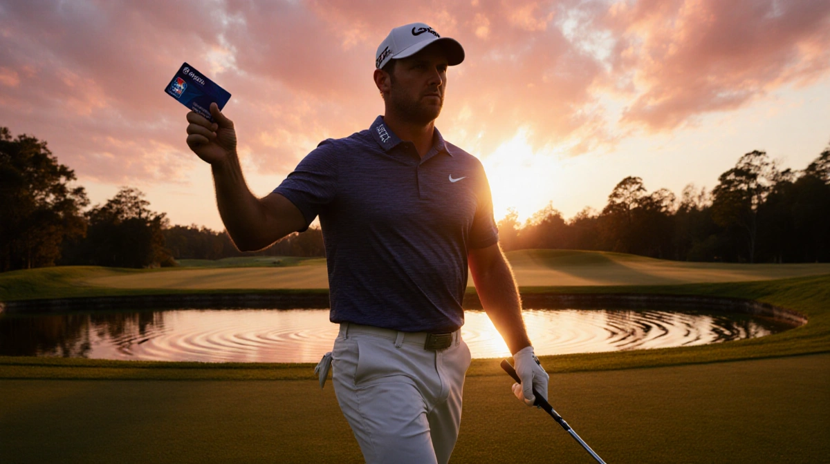 Brooks Koepka raising his PGA Tour card with golf club and sunset sky behind him