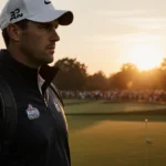 Brooks Koepka stands on the 18th green with golf bag and clubs as sunset highlights his PGA Tour jacket