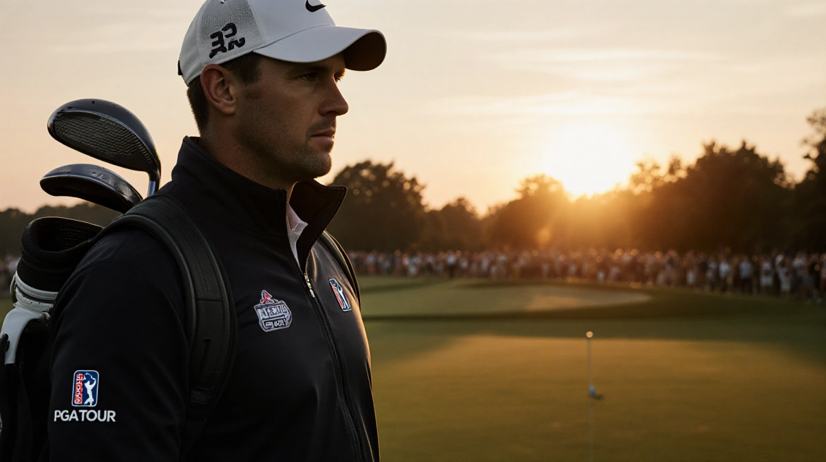 Brooks Koepka stands on the 18th green with golf bag and clubs as sunset highlights his PGA Tour jacket