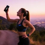 Female runner stands triumphantly at trailhead with Brooks shoe and smartphone showing promo code against sunrise sky