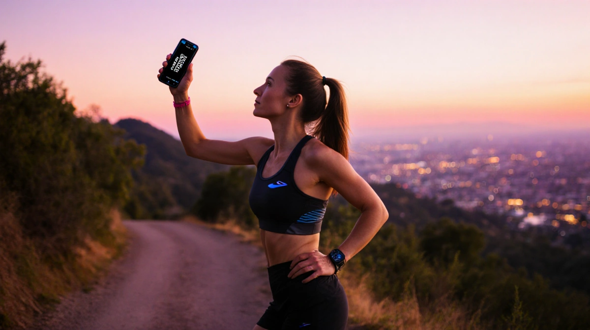 Female runner stands triumphantly at trailhead with Brooks shoe and smartphone showing promo code against sunrise sky