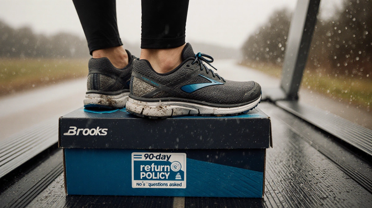 Worn Brooks running shoes on treadmill with 90-day return label showing miles of testing through rain