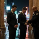 Two brothers in suits being handcuffed by police officer with luxury hotel pillars and city lights behind
