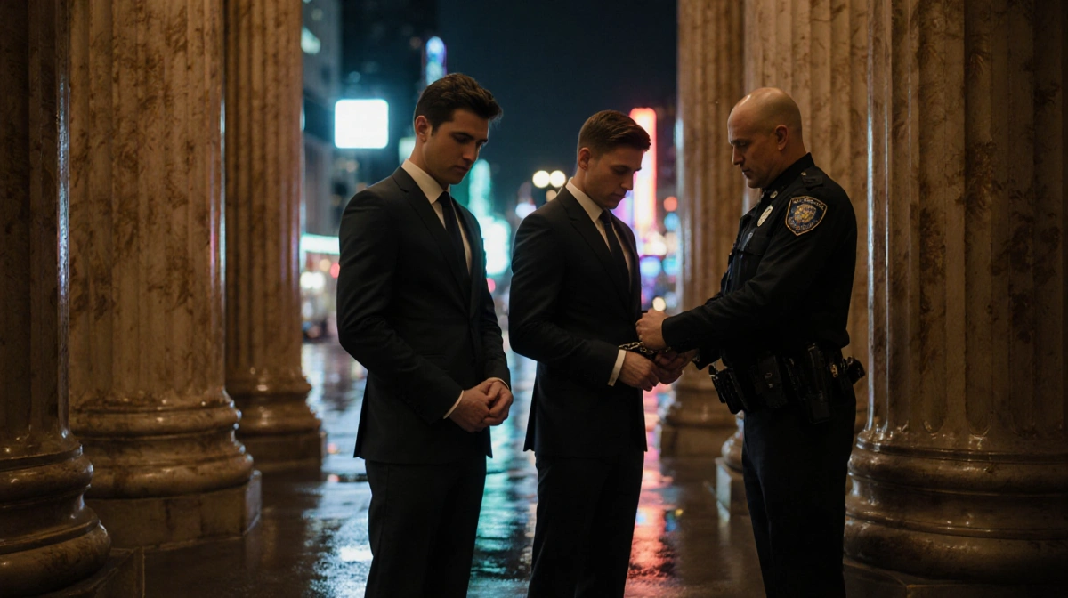 Two brothers in suits being handcuffed by police officer with luxury hotel pillars and city lights behind