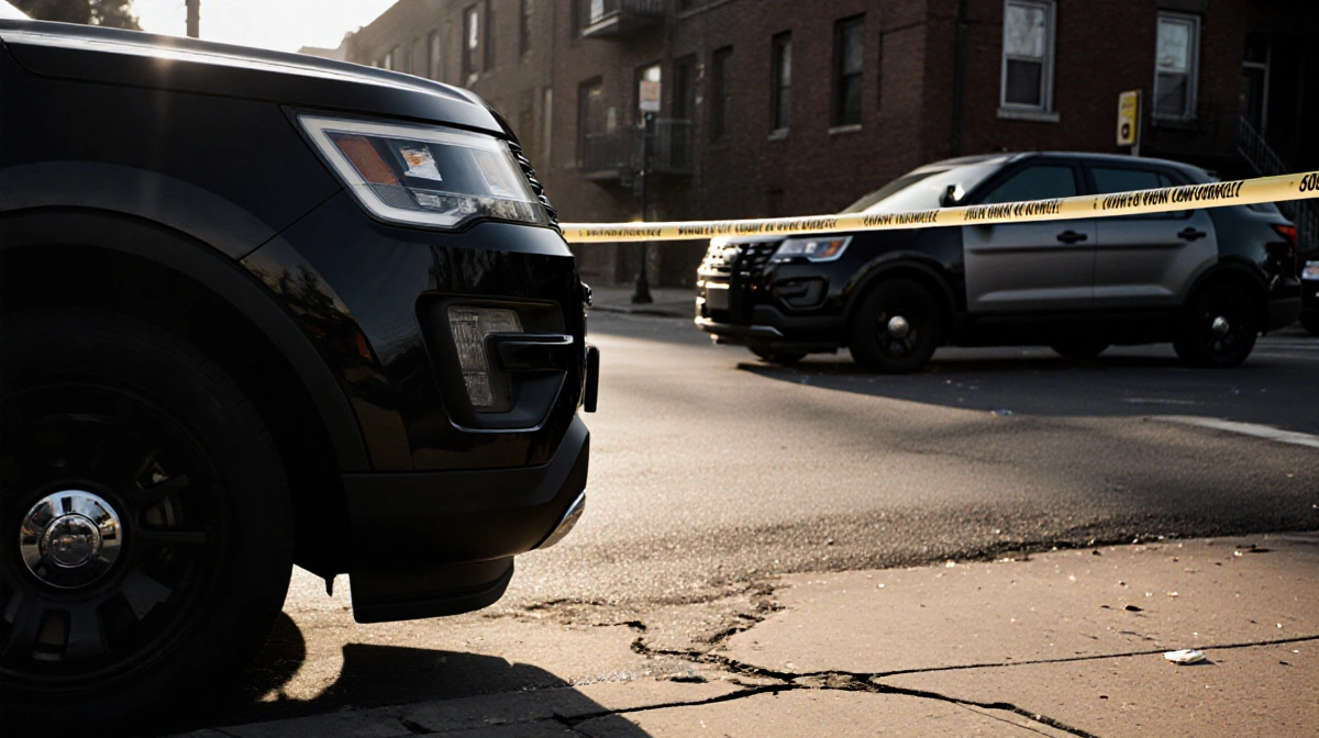 Black Ford Explorer SUV blocks Brownsville street with police tape and sedan driving away from fatal accident scene