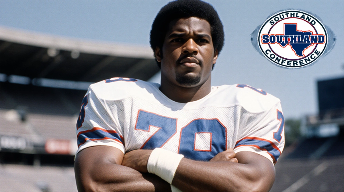 Bruce Collie stands with arms crossed in his UT-Arlington Mavericks football uniform with blurred stadium background showing 
