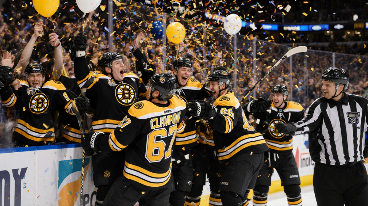 Boston Bruins players celebrating victory with confetti and fans cheering at the rink