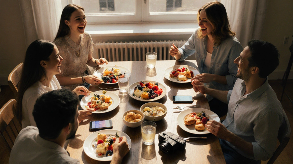 Friends laughing over brunch with fresh fruit and pastries on wooden table with smartphone showing social notifications nearb