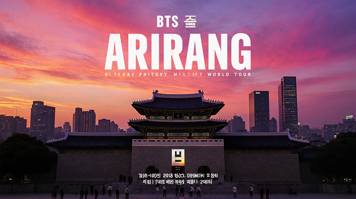 BTS ARIRANG logo glows over Gyeongbokgung Palace at sunset with Seoul skyline and tour posters in background