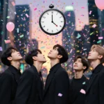 BTS standing together looking up at midnight clock with confetti and balloons erupting over blurred sunset cityscape.