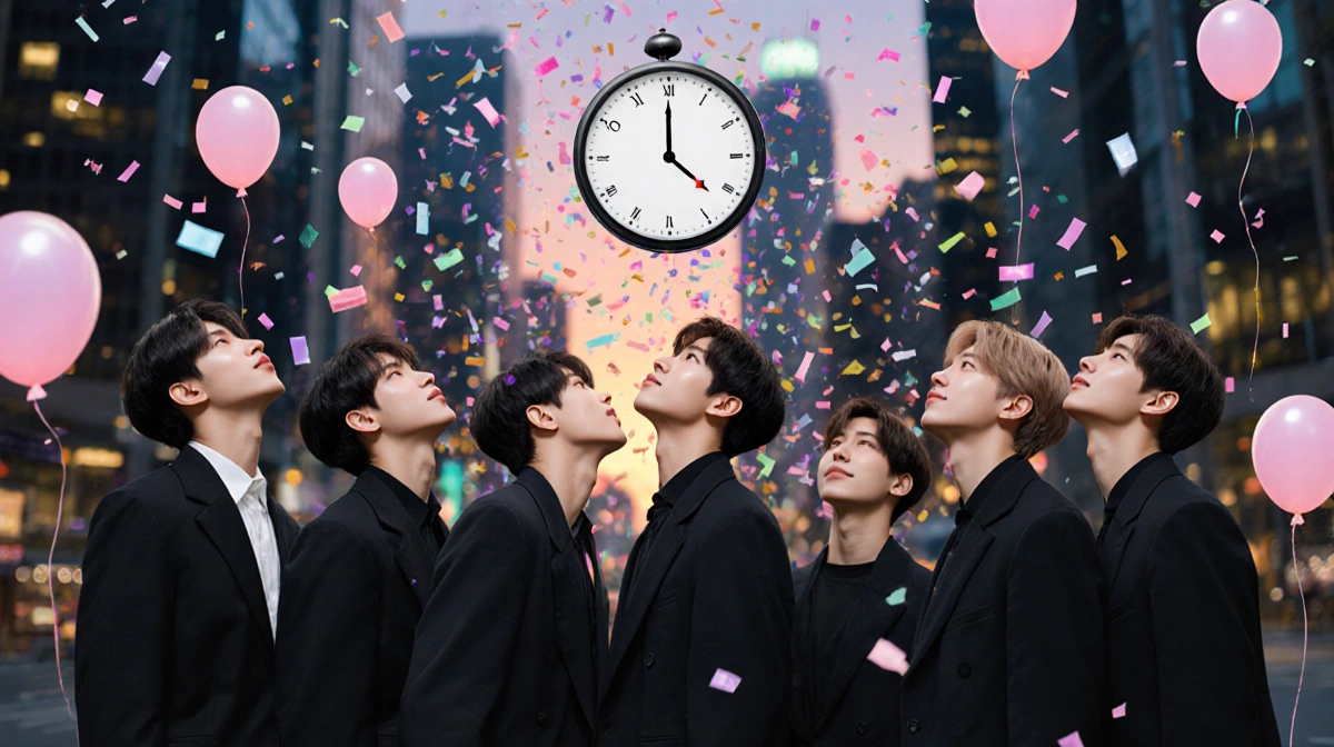 BTS standing together looking up at midnight clock with confetti and balloons erupting over blurred sunset cityscape.