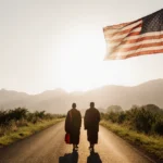 Two Buddhist monks walking side by side along a quiet road with a large American flag billowing in the foreground and distant