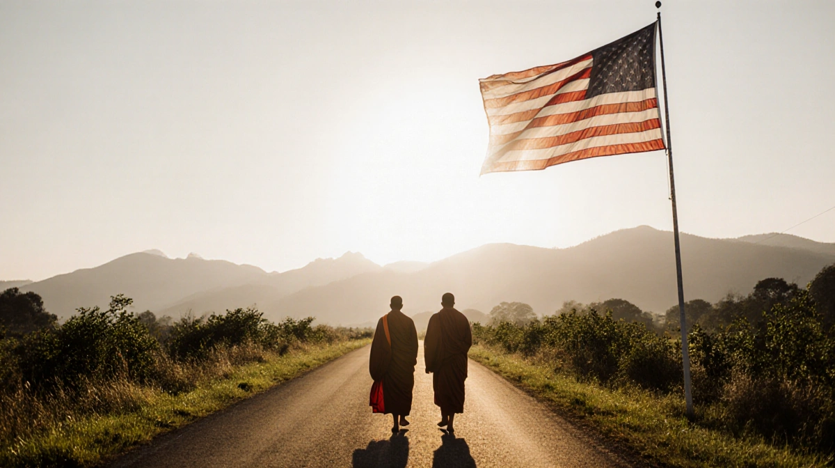Two Buddhist monks walking side by side along a quiet road with a large American flag billowing in the foreground and distant