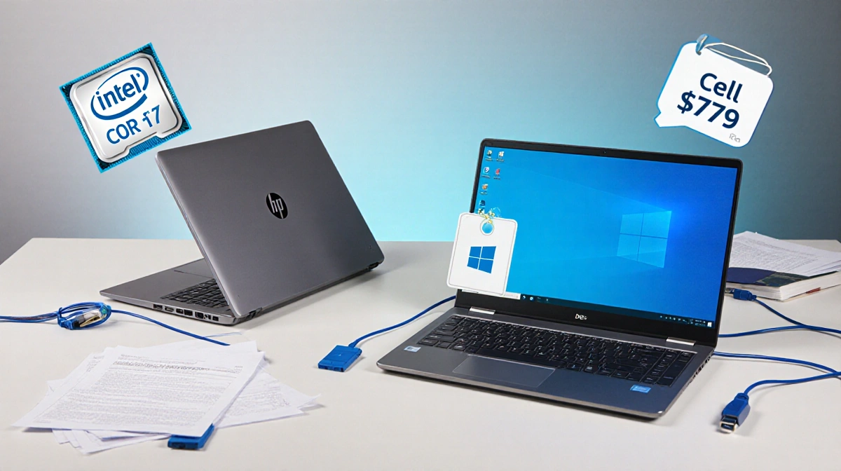 Laptop setup displaying HP and Dell Inspiron on desk with price tags and wires
