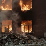 Burning school building collapses with flames pouring from third-story windows and smoke billowing into the sky