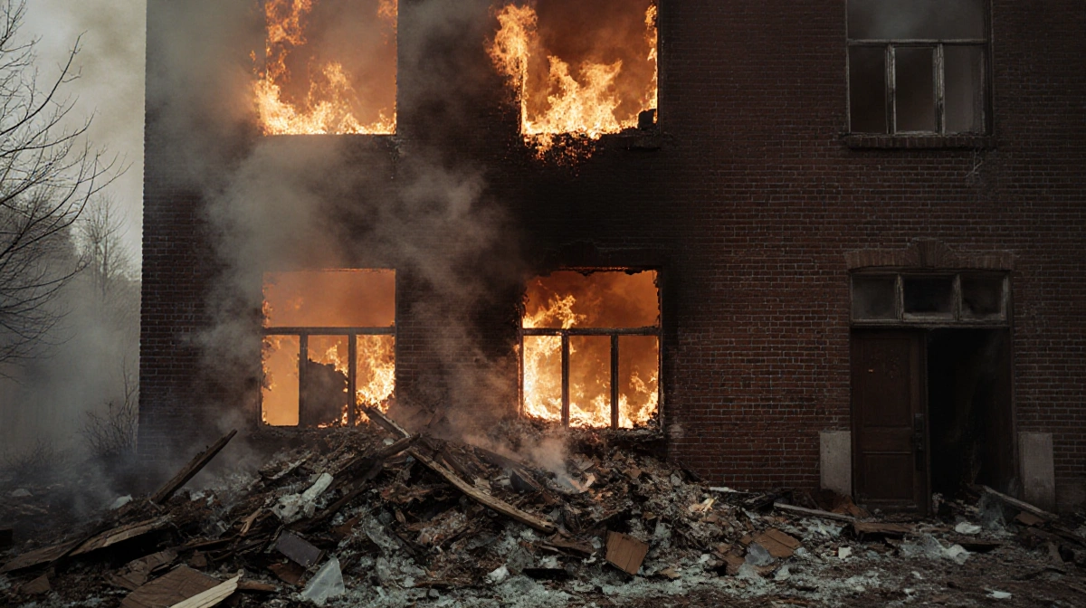 Burning school building collapses with flames pouring from third-story windows and smoke billowing into the sky