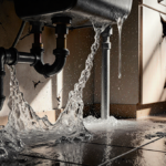 Water gushes from a burst pipe with splashing on dark kitchen floor and frozen pipes visible through cracked walls