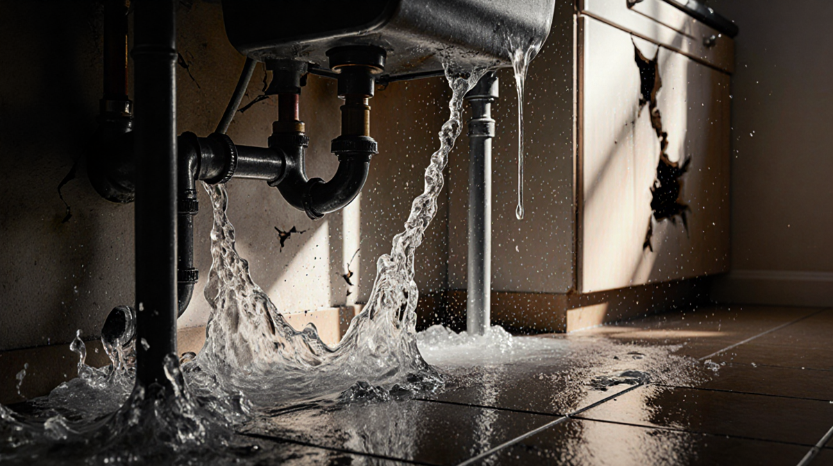 Water gushes from a burst pipe with splashing on dark kitchen floor and frozen pipes visible through cracked walls