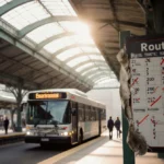Blurred city bus pulling away from stop with torn Route 7 sign and confused riders at empty platform
