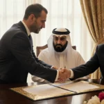 A handsome businessman and dignified Palestinian leader shake hands over a peace treaty document with golden lighting and fre
