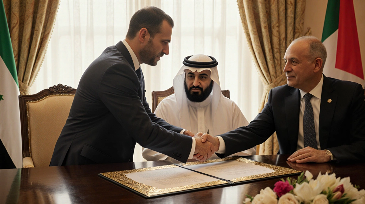 A handsome businessman and dignified Palestinian leader shake hands over a peace treaty document with golden lighting and fre