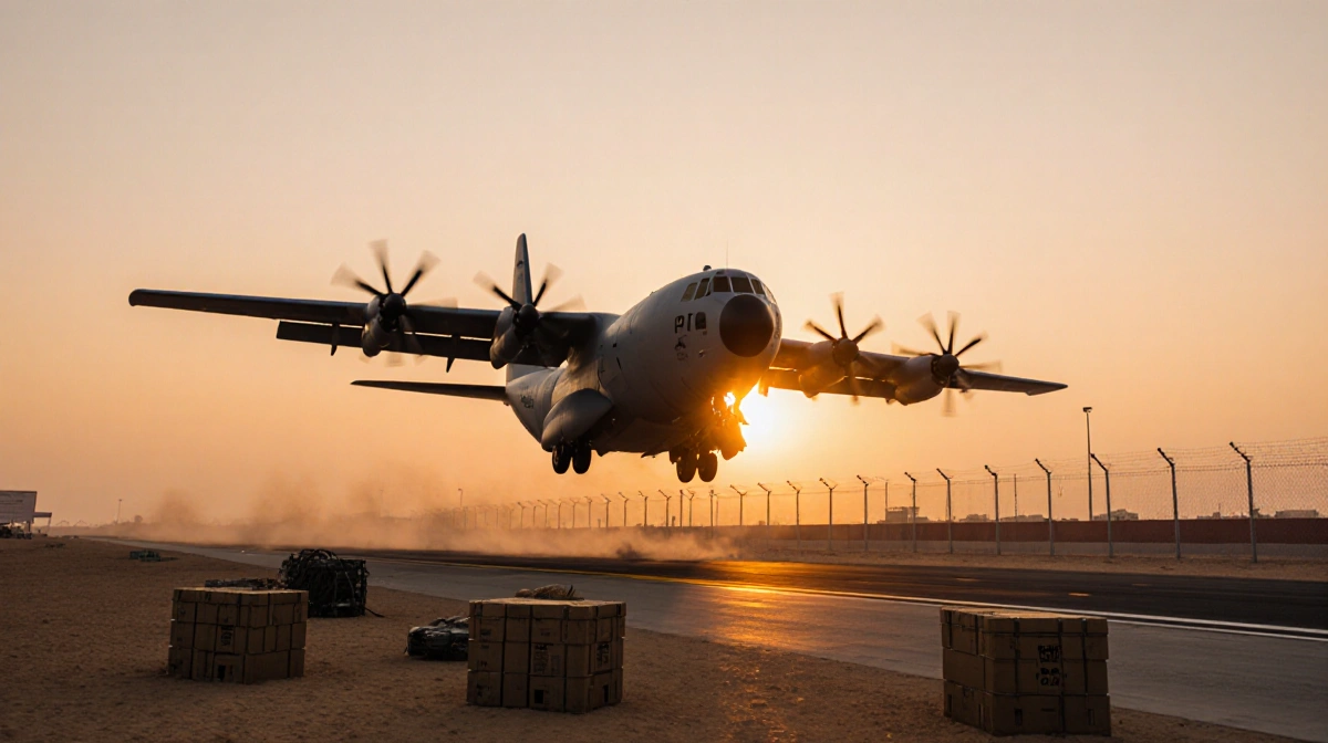 C-130 Hercules taking off from Qatar runway with sunset glow and scattered cargo crates showing evacuation urgency