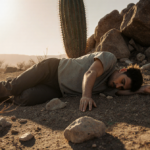 Figure lying face down with arm extended on sunlit rocks with warm shadows and scattered twigs.
