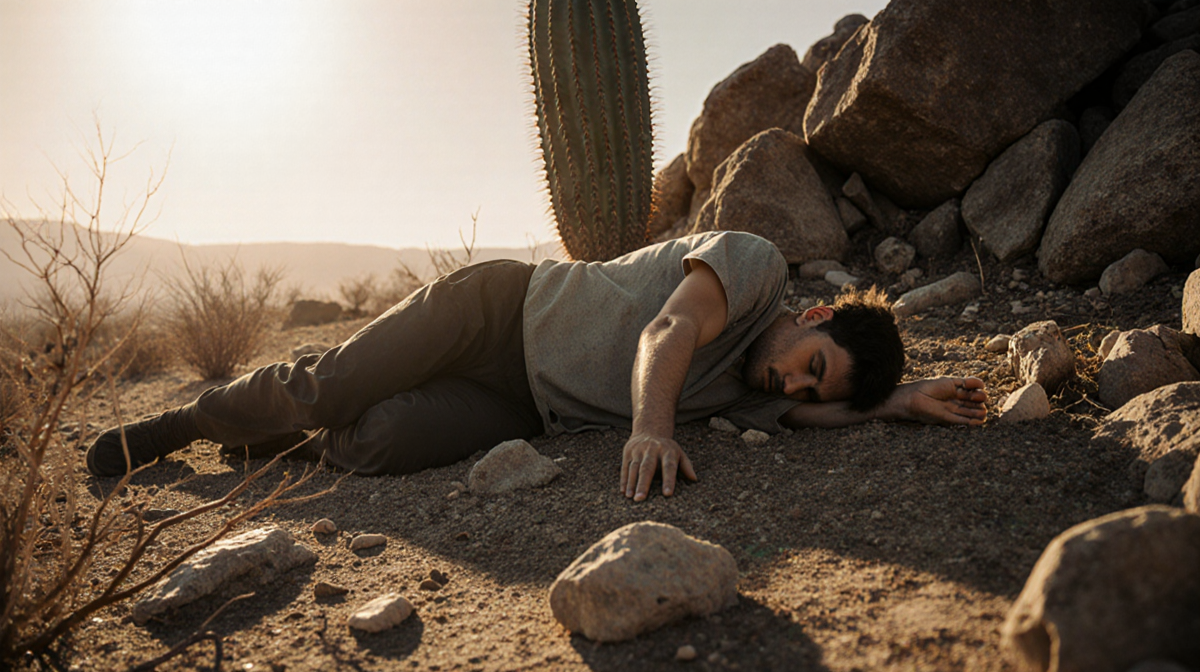 Figure lying face down with arm extended on sunlit rocks with warm shadows and scattered twigs.